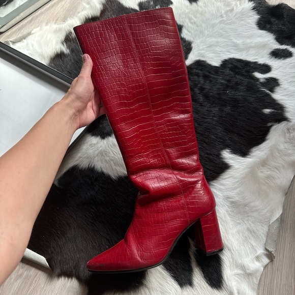 Red Croc-Embossed Knee-High Boots - Picture 1 of 4